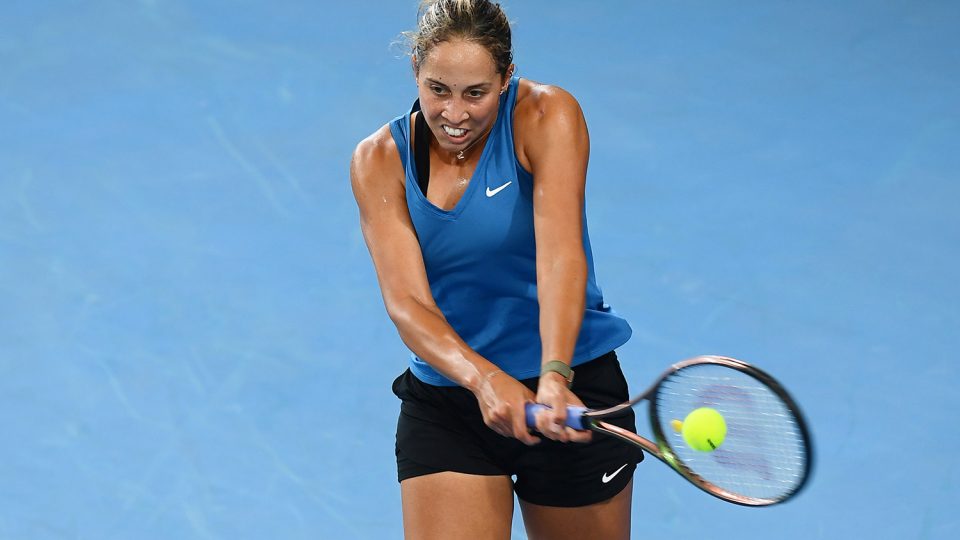 Madison Keys in action during her first-round win over No.2 seed Elina Svitolina at Adelaide International 2.