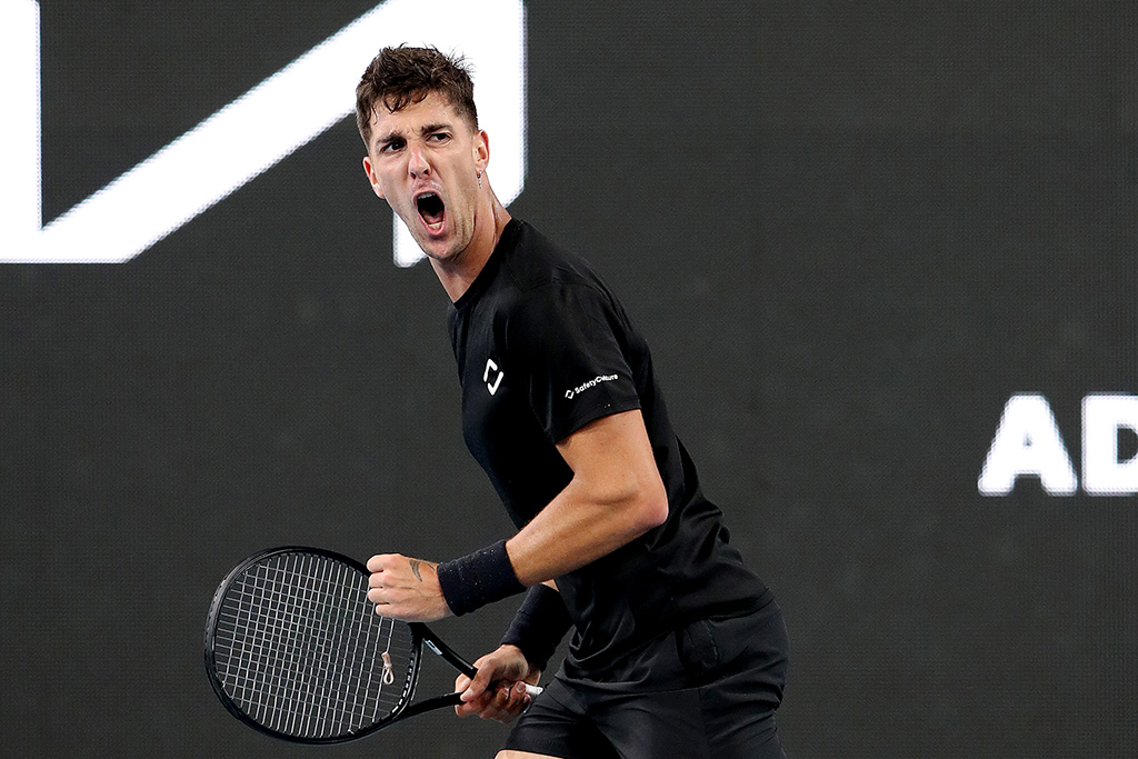 Thanasi Kokkinakis celebrates a point during his first-round win over John Millman at the Adelaide International. (Getty Images)