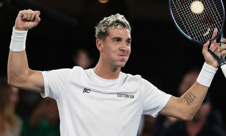 Thanasi Kokkinakis celebrates his first round win at the 2023 Adelaide International 2; Getty Images