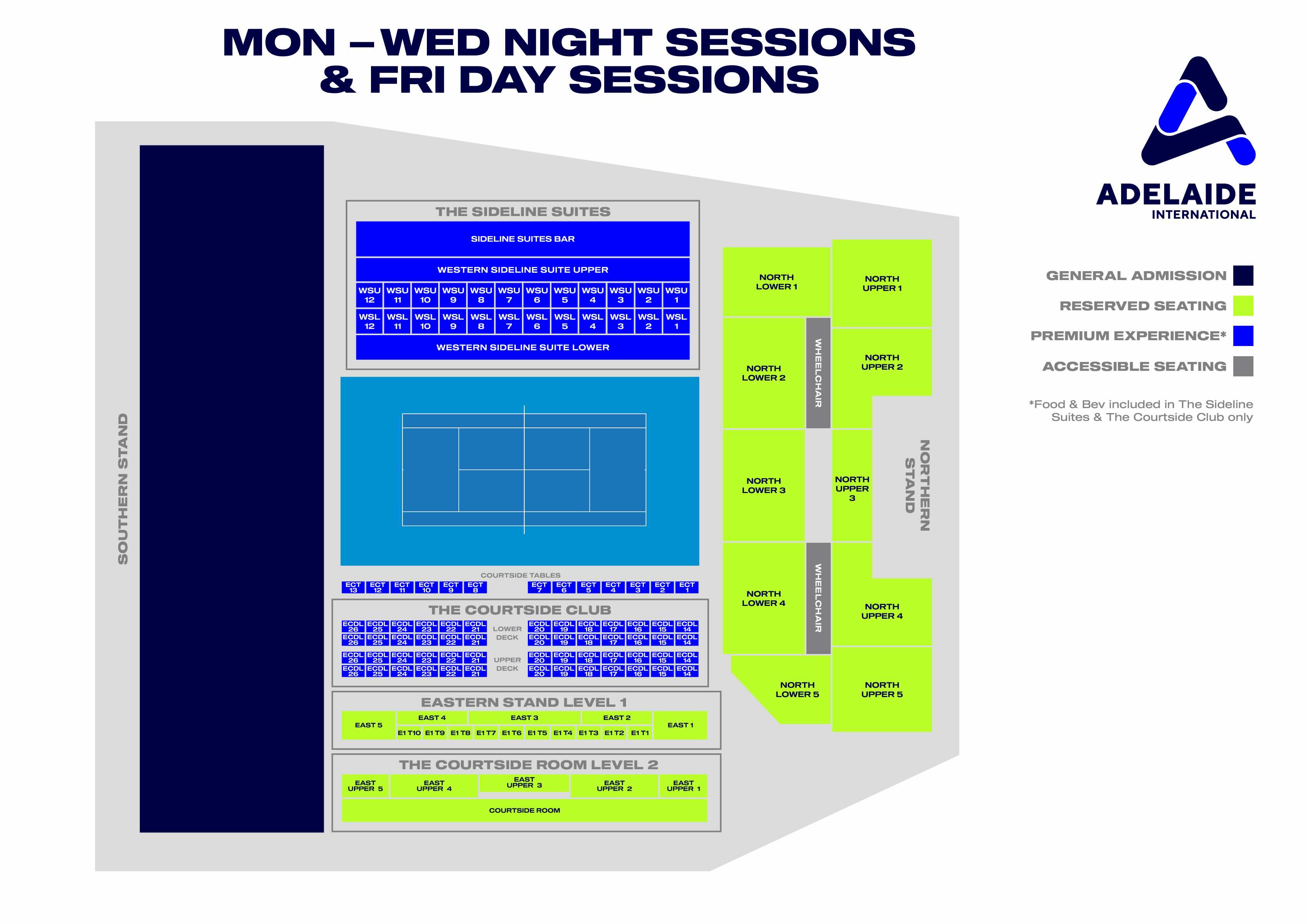 Monday to Wednesday night centre court seating map