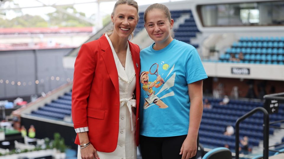 Adelaide International Tournament Director Alicia Molik is joined by defending champion Jelena Ostapenko at The Drive.