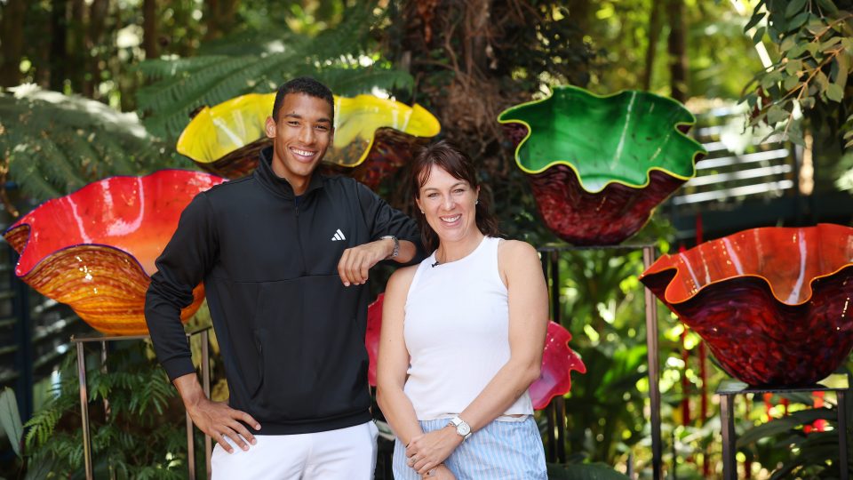 Felix Auger-Aliassime and Anastasia Pavlyuchenkova enjoy a visit to the Chihuly glass sculpture exhibition at the Adelaide Botanic Gardens.